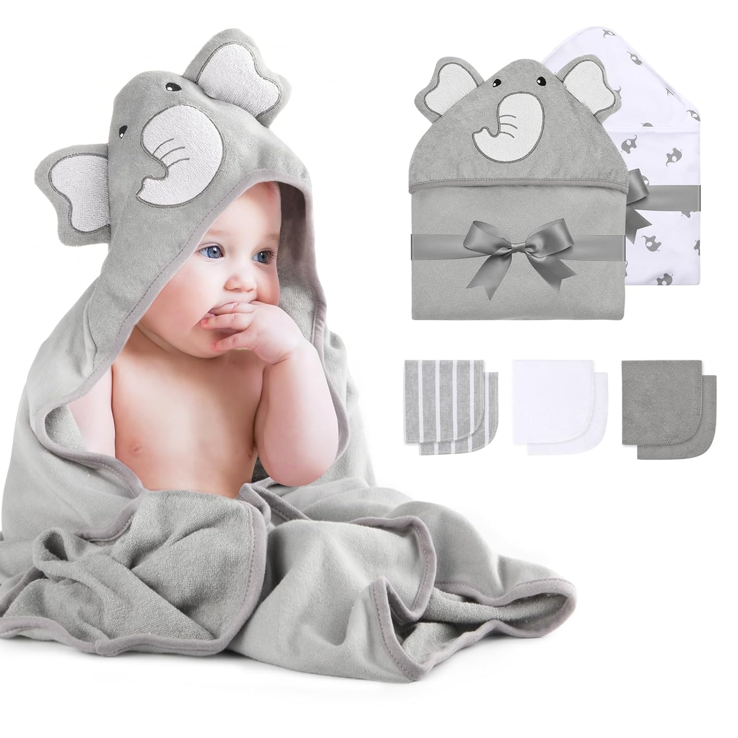 Cute Elephant Hooded Baby Towel and Washcloth Set