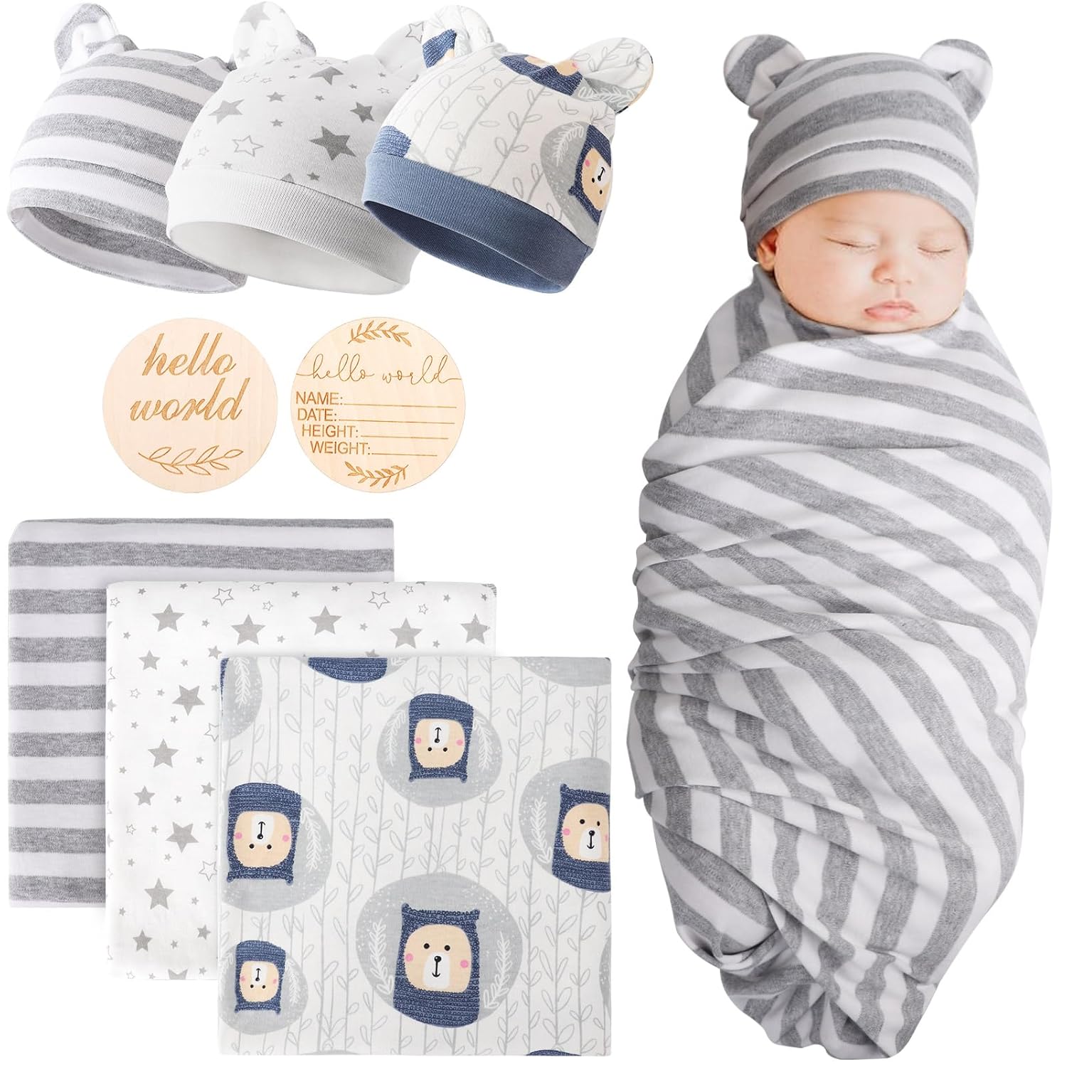 Cotton Baby Swaddle Blanket and Bear Ear Hat Set with Birth Card