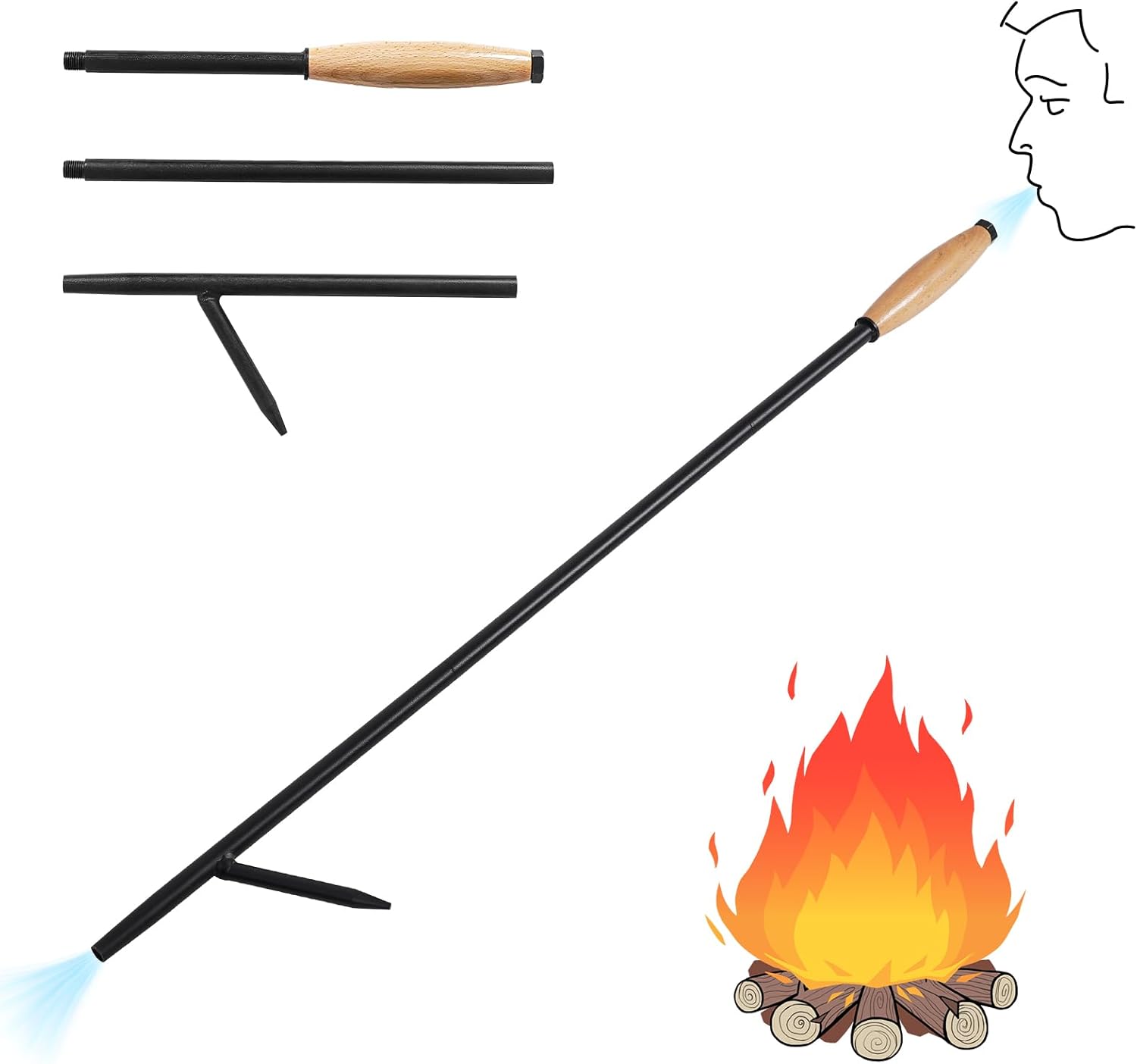 Fire Poker for Fire Pit with Blower and Wooden Handle
