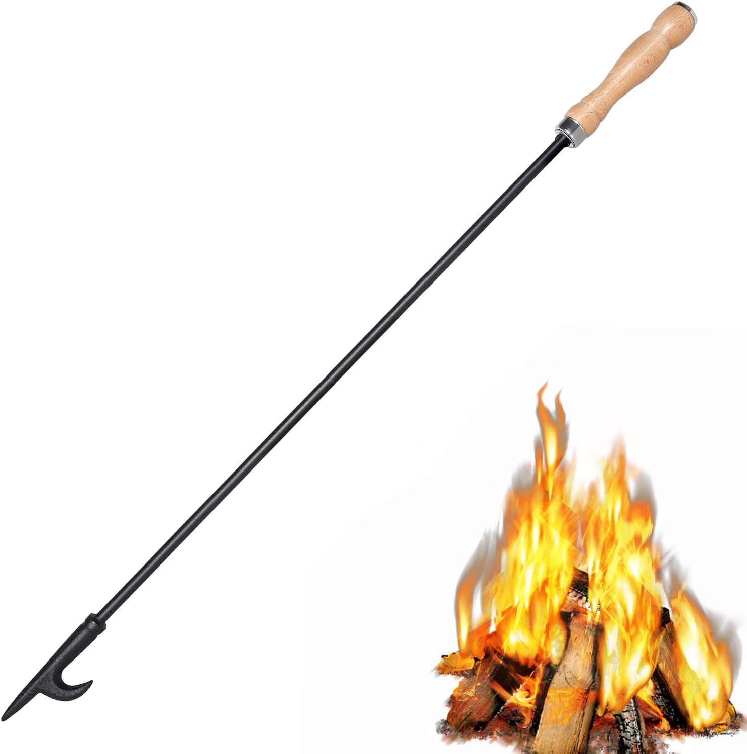 Fire Pit Poker 32 Inch Heavy Duty Iron with Wooden Handle