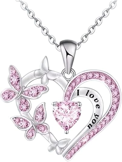 Heart and Butterfly Pendant Necklace with Crystal Accent