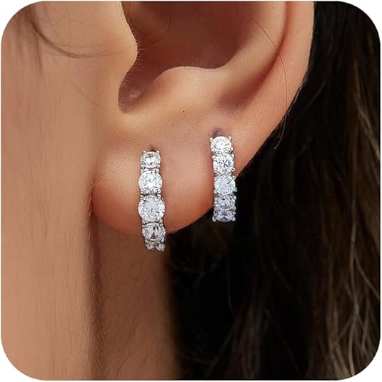Silver Cubic Zirconia Huggie Hoop Earrings Set