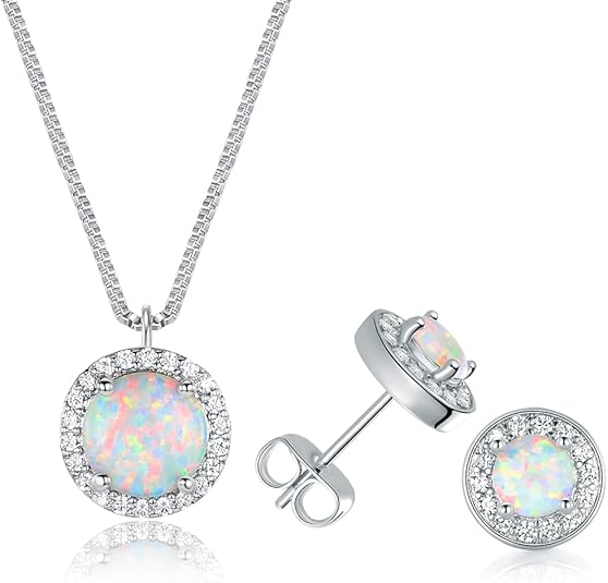 Opal Pendant Necklace and Stud Earring Set for Women