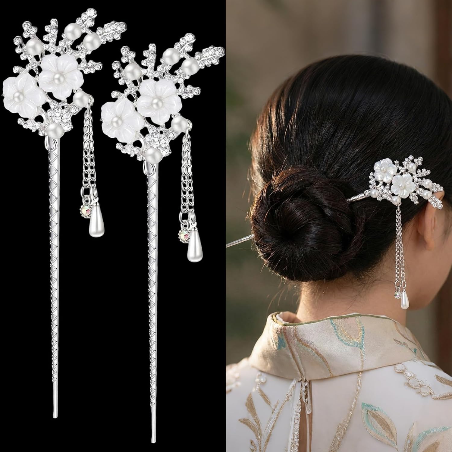 Vintage Pearl Flower Hair Sticks with Rhinestones and Tassel (2 Pcs)