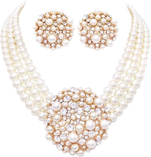 Unique Circular Design Crystal and Simulated Pearl Jewelry Set