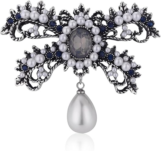 Vintage Rhinestone Bow Brooch with Pearl Drop