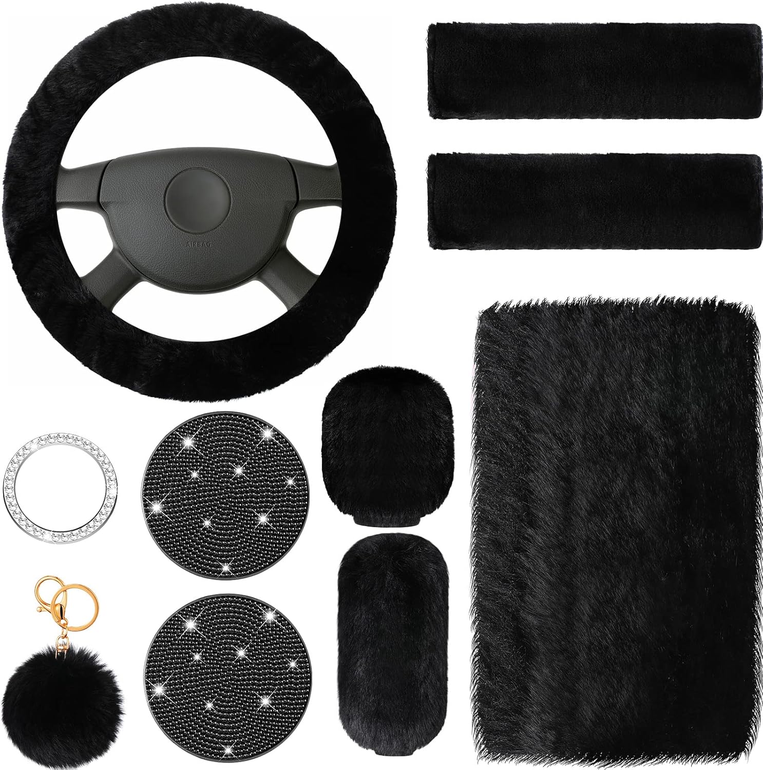 10 Piece Fluffy Car Interior Accessory Set