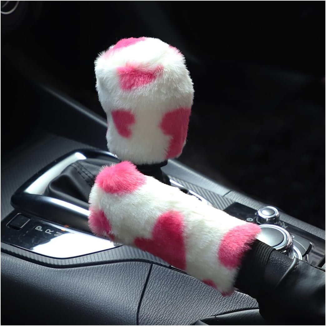 Plush Cow Print Car Handbrake and Gear Shift Cover Set