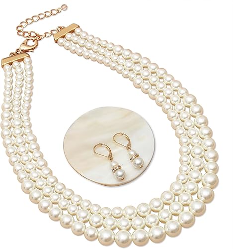 Layered Glass Pearl Collar Necklace and Earring Set