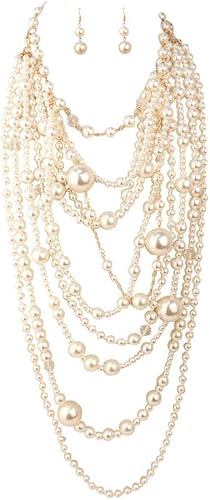 Multilayer Faux Pearl Strand Necklace with Drop Earrings