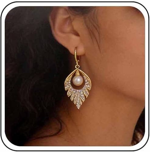 Boho Crystal Leaf Pearl Dangle Earrings