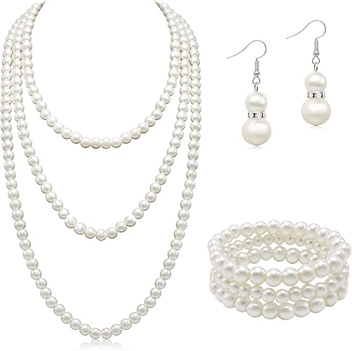 Long Cream White Faux Pearl Strand Layered Necklace Set