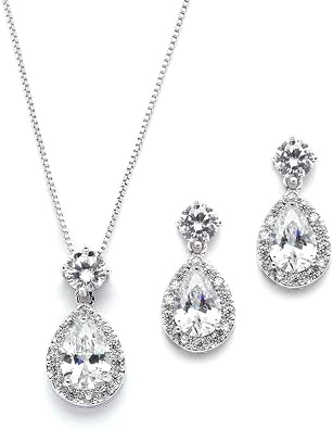 Pear Shaped Cubic Zirconia Necklace and Earrings Jewelry Set
