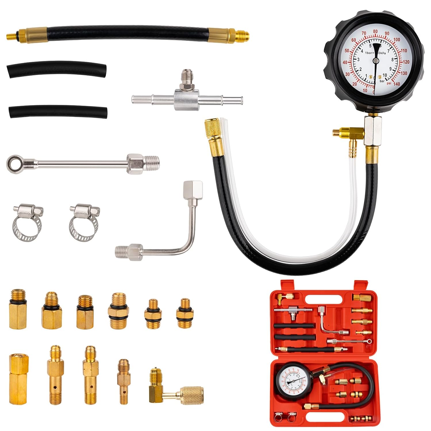 Fuel Pressure Tester Kit with Gauge and Multiple Adapters