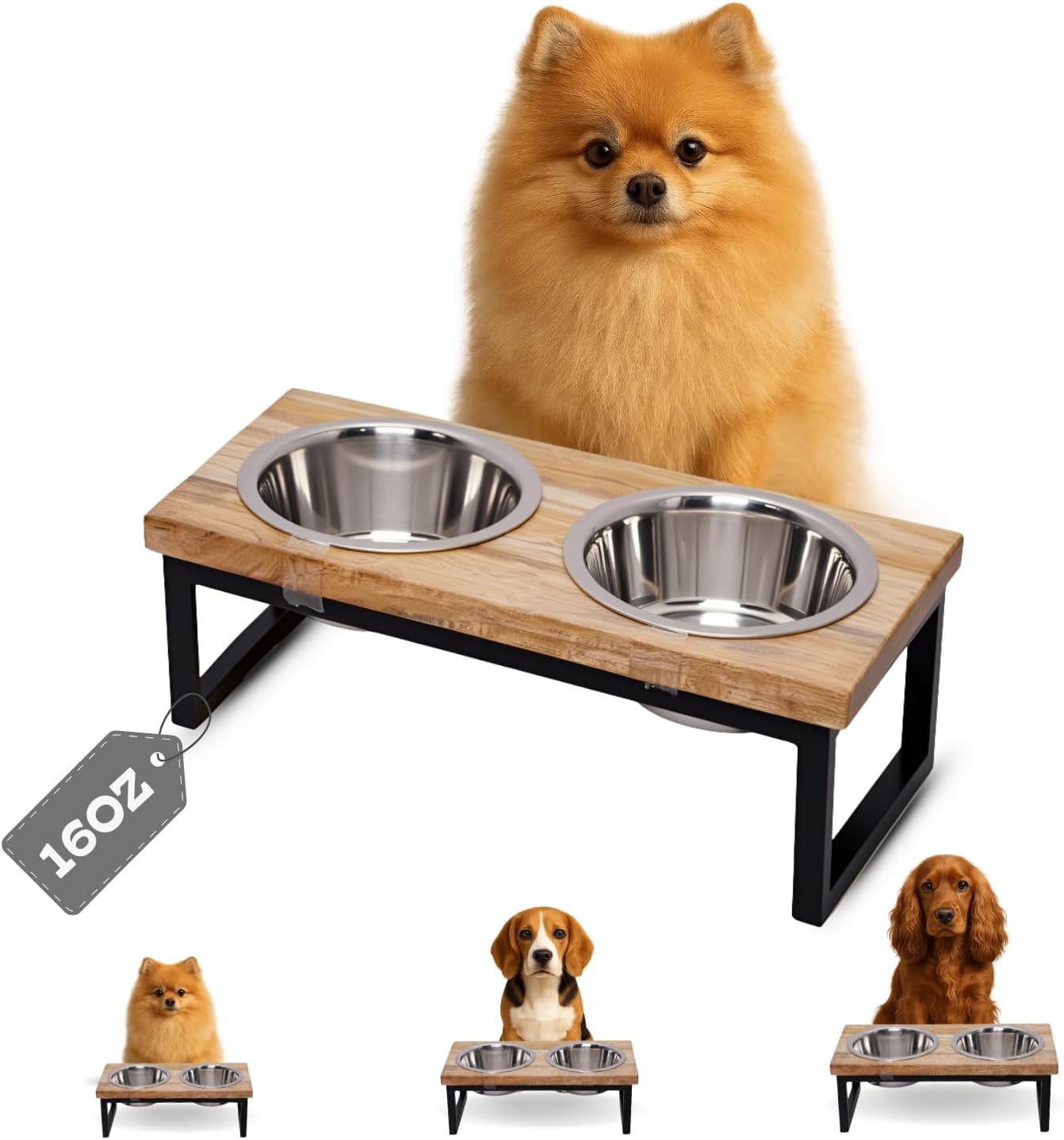 Elevated Dog Bowls with 4-Inch Wooden Stand, Set of 2