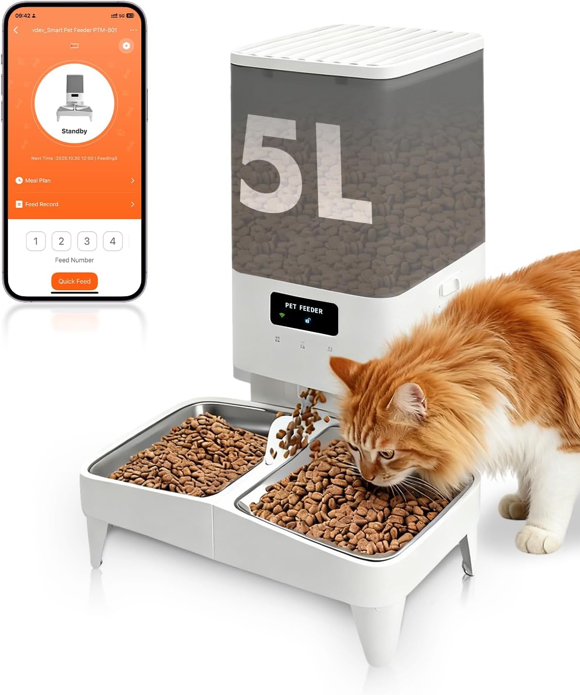 Automatic Cat Feeder for 2 Cats, 2.4G WiFi with APP Control
