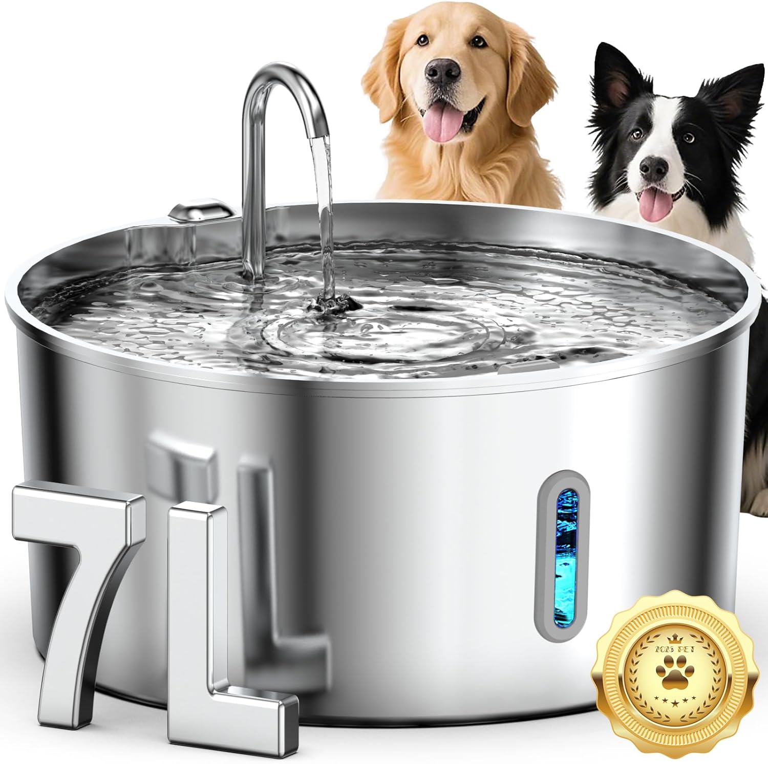 Dog Water Fountain with Stainless Steel Bowl, 7L Capacity, Automatic Flow
