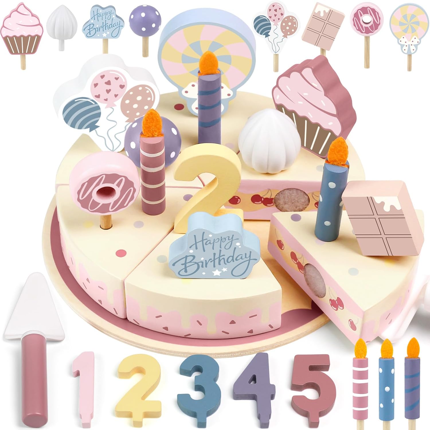 Wooden birthday cake pretend play toy set