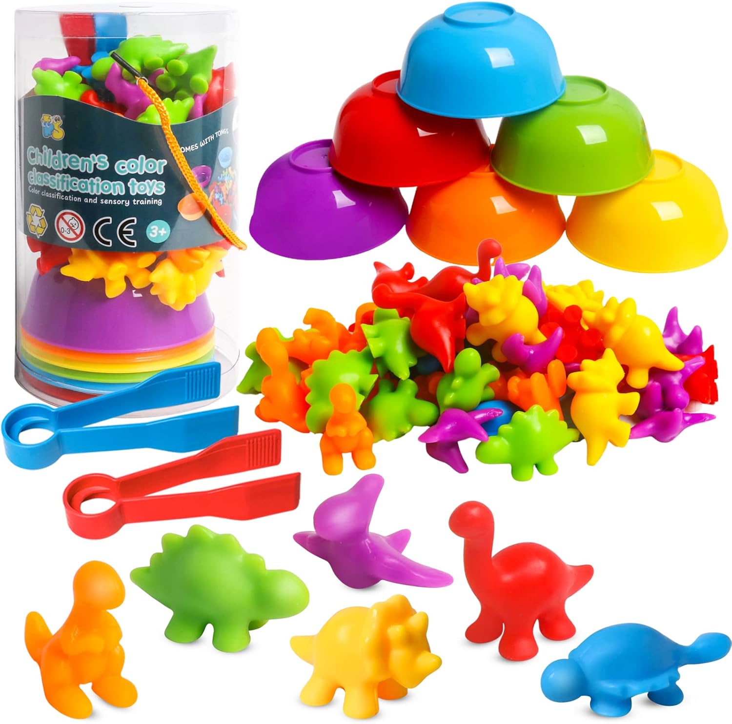 Counting Dinosaur Toys with Sorting Bowls for Preschool Learning