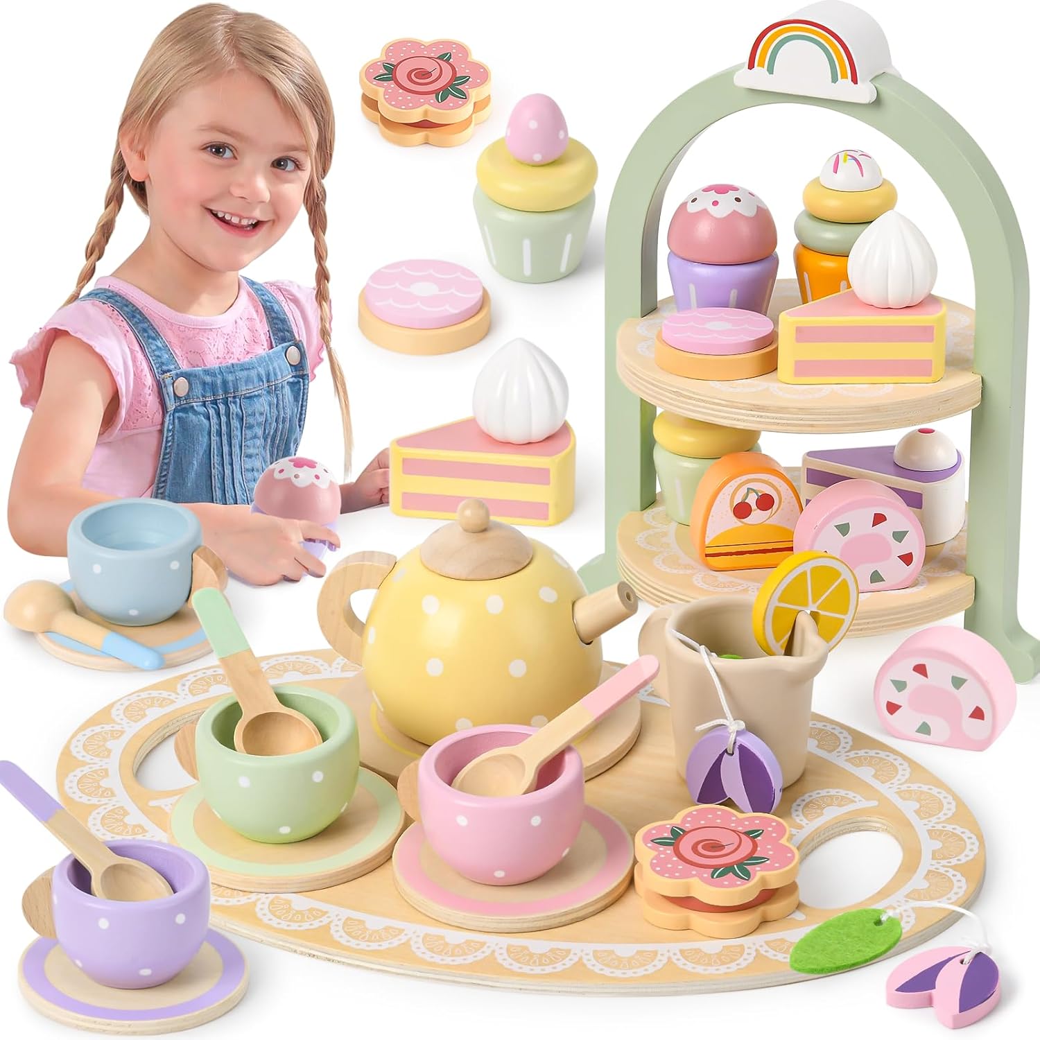 Wooden Tea Party Set with Cupcake Stand and Play Food Accessories