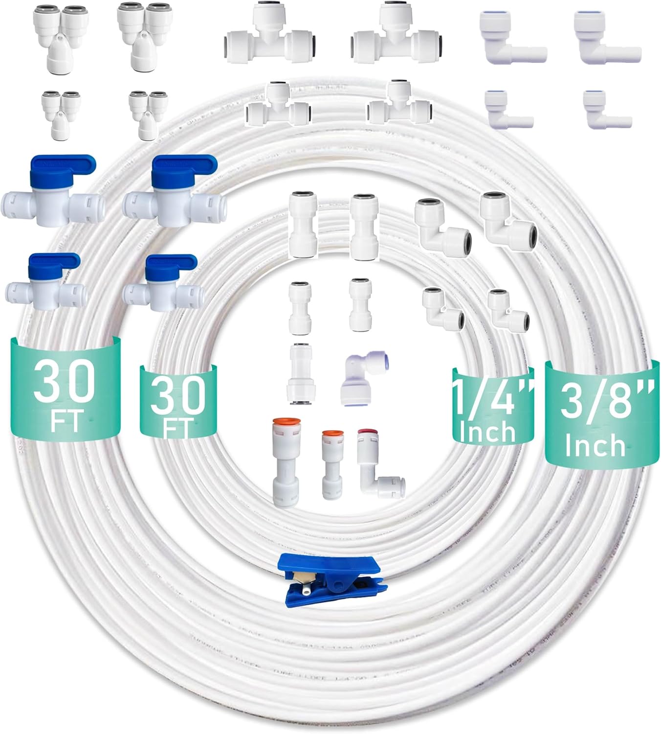 1/4" & 3/8"O.D. Water Line Tubing and Push-Connect Fittings Kit for RO Systems