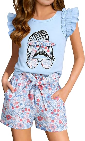 Girls Summer 2-Piece Ruffle Sleeve Shirt and Paperbag Waist Shorts Set