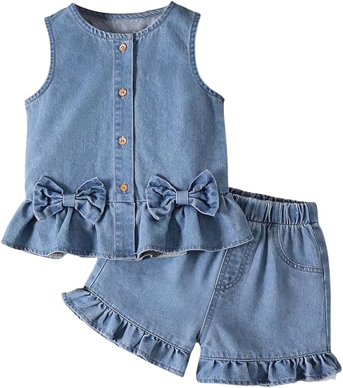 Toddler Girl's Denim 2 Piece Outfit Bow Sleeveless Tank and Shorts Set