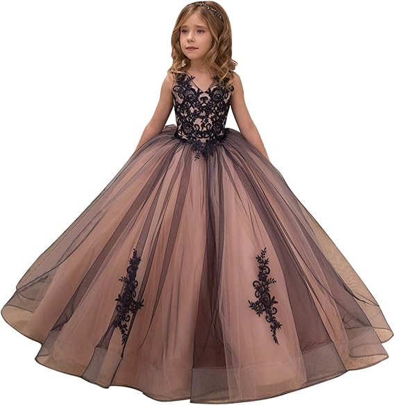 Kids Lace Applique Pageant Ball Gown Dress