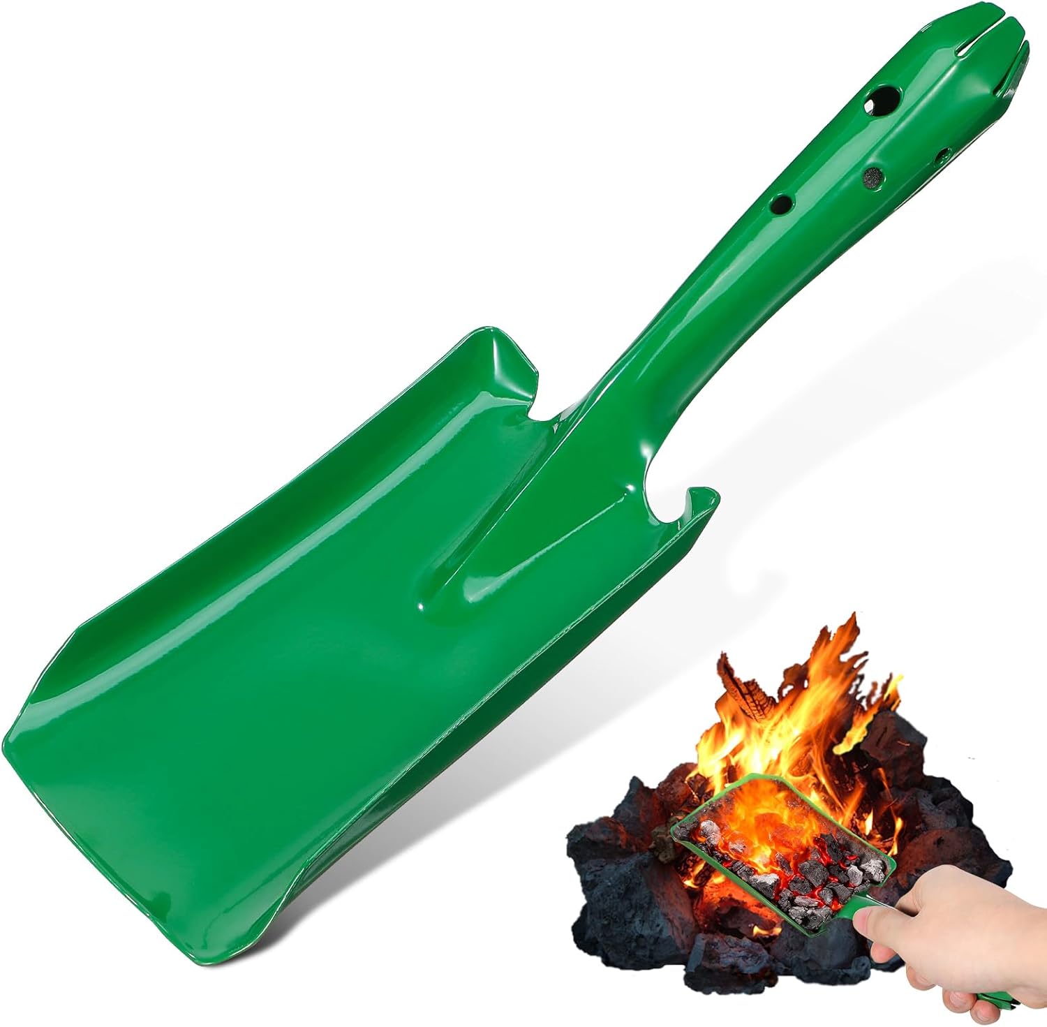 Green Fireplace Ash Shovel, Small Metal Coal Scoop for Wood Stove and Fire Pit
