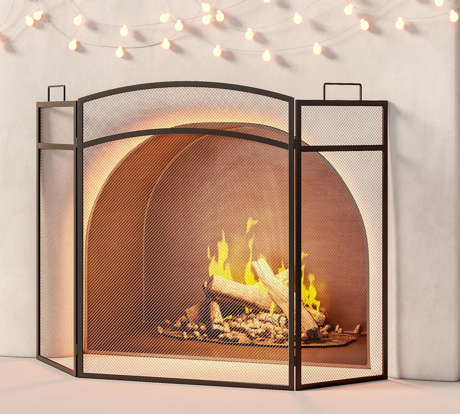 3 Panel Foldable Fireplace Screen 48 x 29 Inch Black