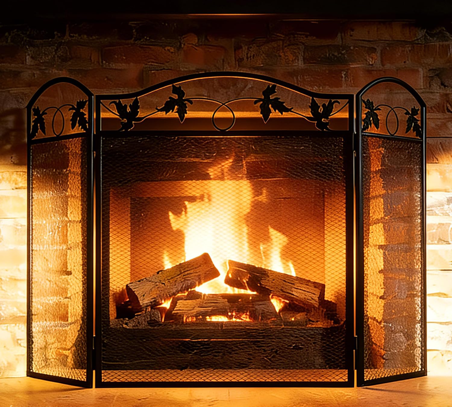 3-Panel Foldable Steel Fireplace Screen with Mesh Guard