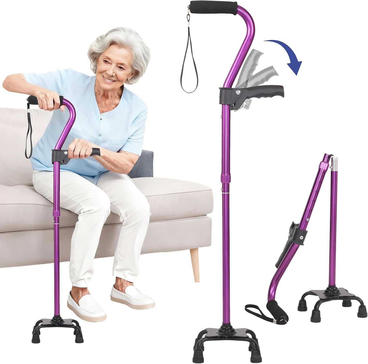 4-Pronged Adjustable Stand Assist Cane with Folding Rise Grip