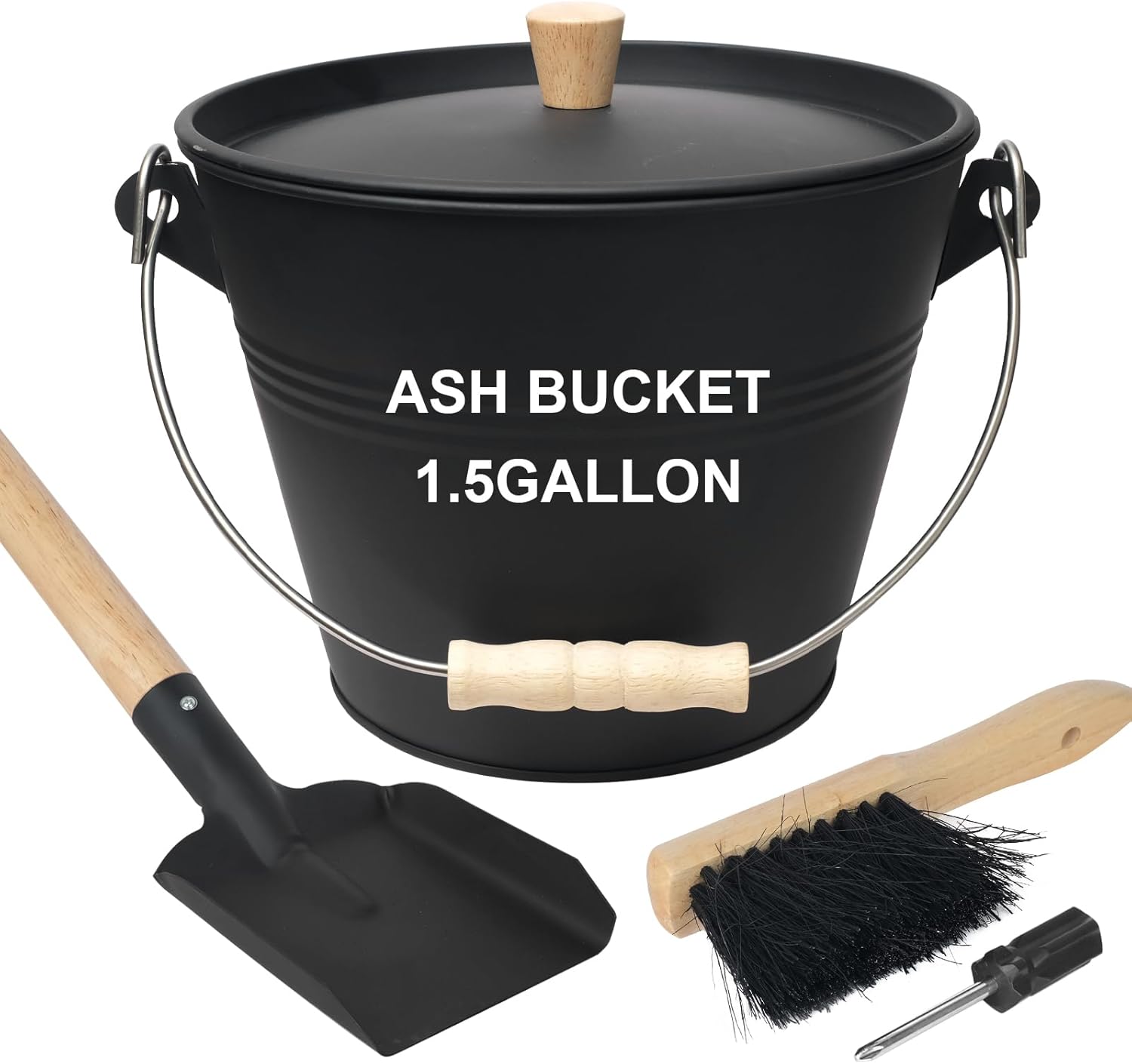 1.5Gallon Mini Fireplace Ash Bucket Set with Lid, Shovel and Broom