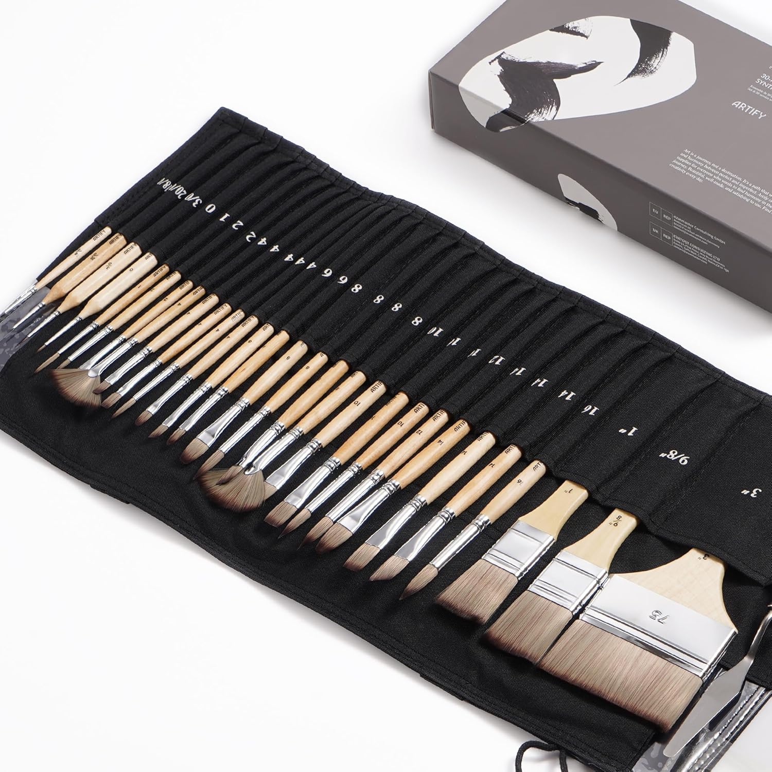 30 Piece Professional Artist Paint Brush Set with Roll Case and Knife