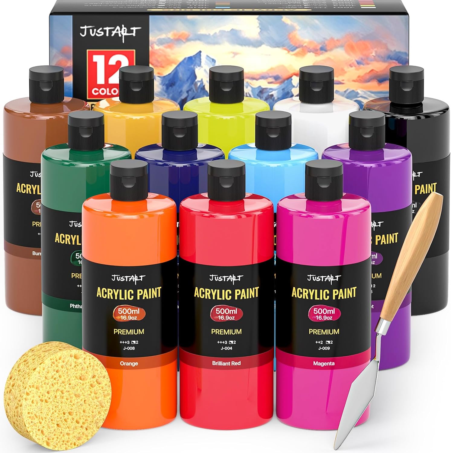 Acrylic Paint Set 12 Colors Large 500ml Bottles
