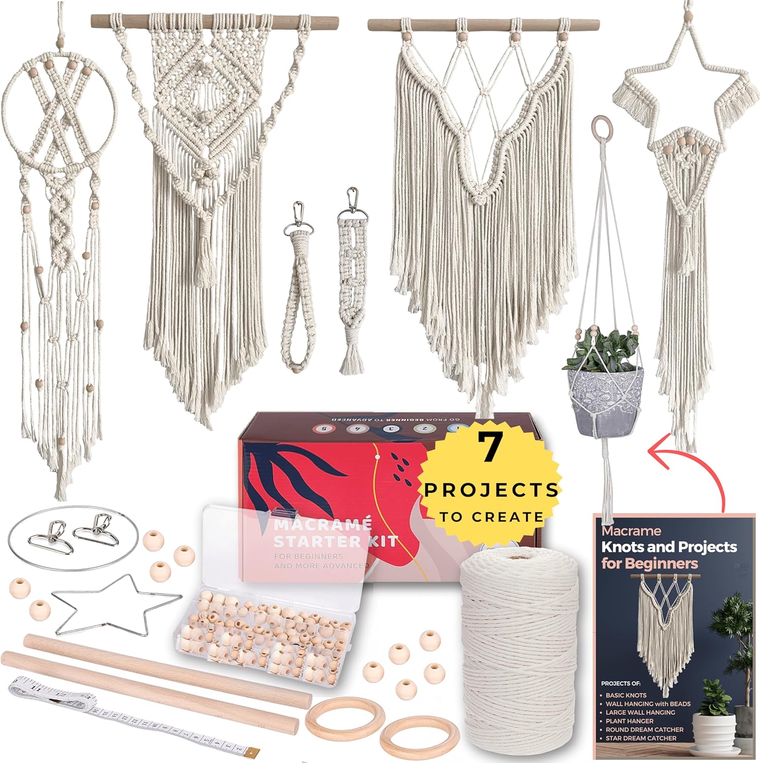 Macrame Starter Kit with with 112 Macrame Supplies and 7 Projects Book