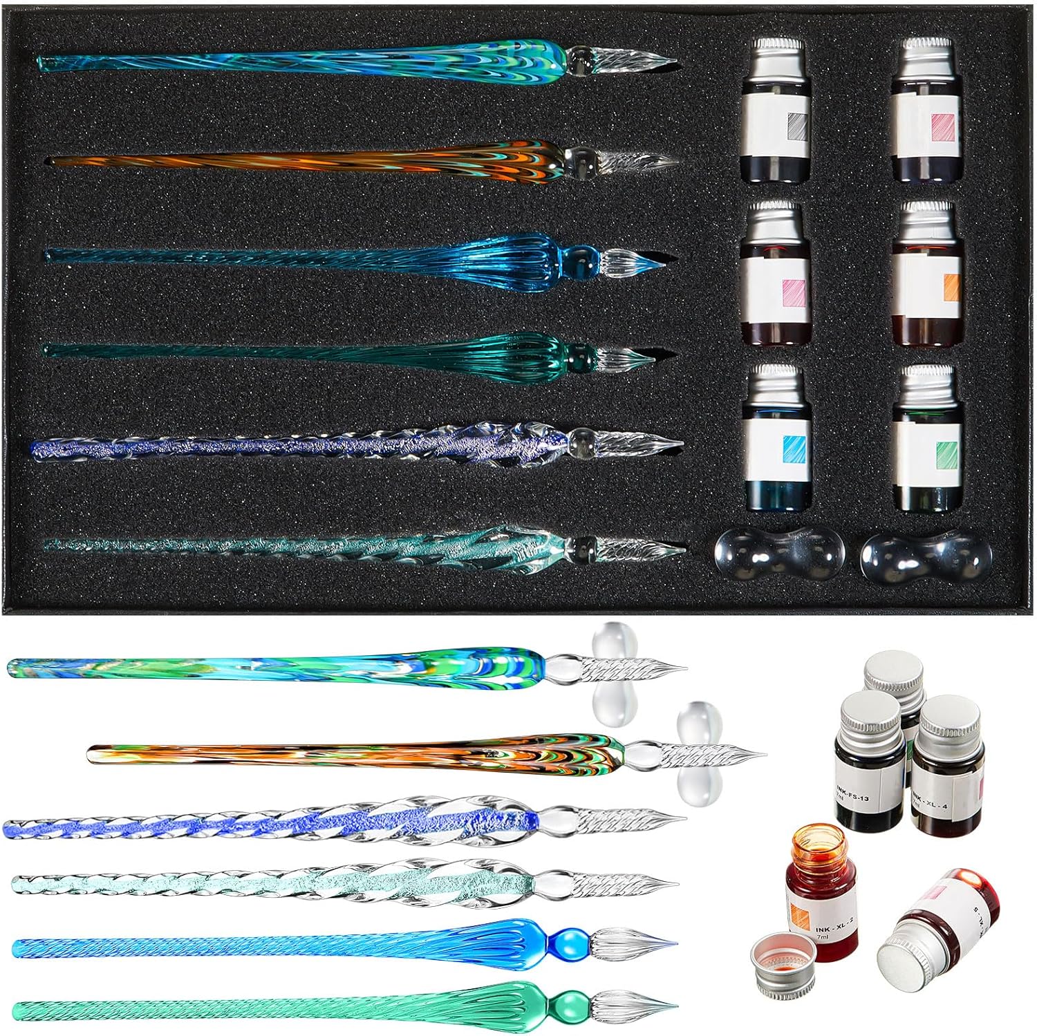 Glass Dip Pen Ink Set with 6 Pens, 6 Inks, 2 Holders