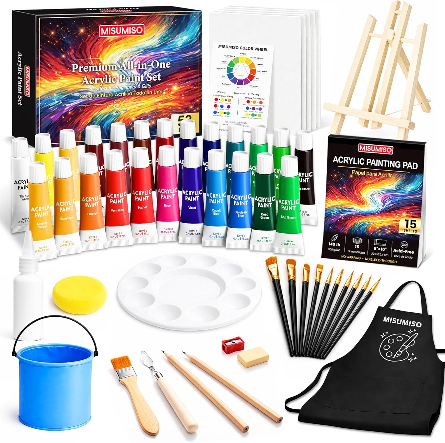 Acrylic Paint Set with Canvas Panels, Easel, 24 Colors