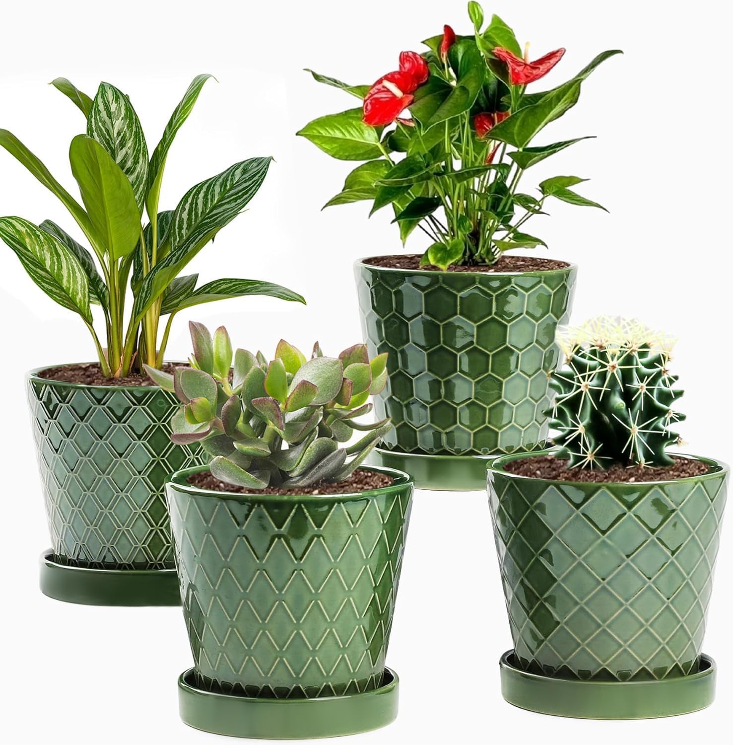 5 Inch Ceramic Plant Pots Set of 4 with Drainage and Tray
