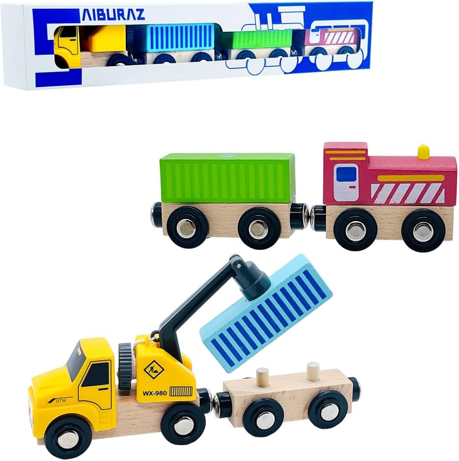 Wooden Magnetic Crane Train Toy Set for Kids