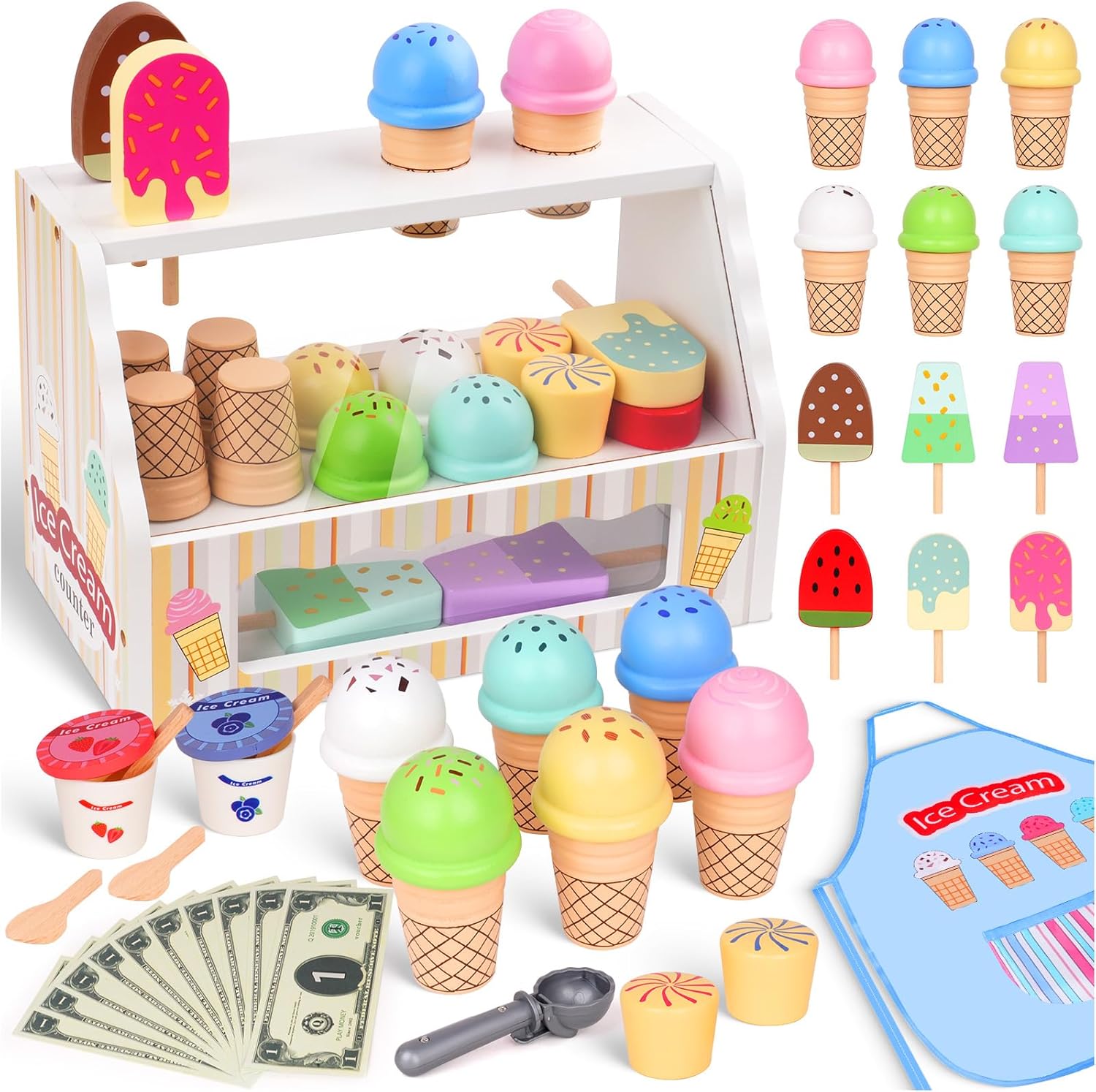 Wooden Ice Cream Counter Pretend Play Set for Kids