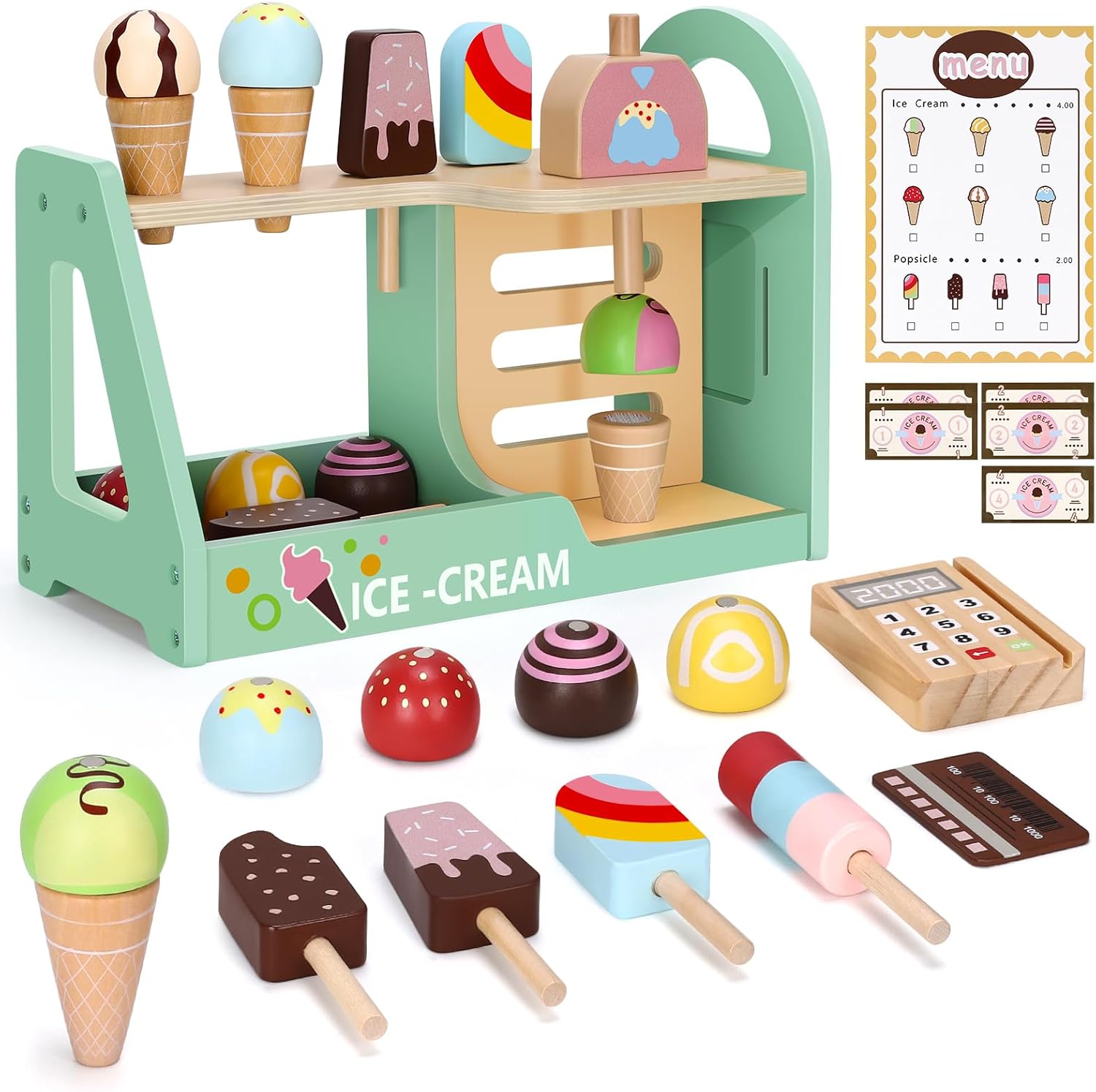 Wooden Ice Cream Scoop & Cone Play Set for Kids