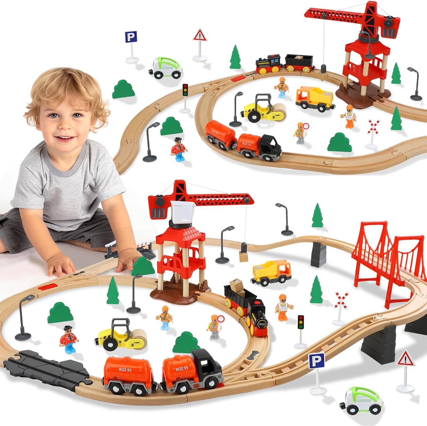 Wooden Train Railway Set with Crane and Tracks 81 Piece