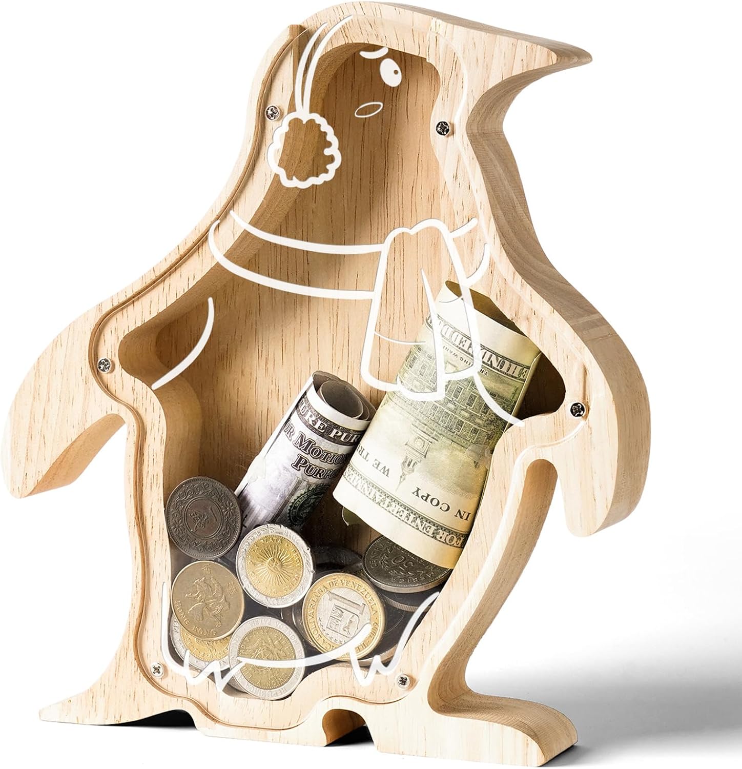 Wooden penguin coin bank for kids small