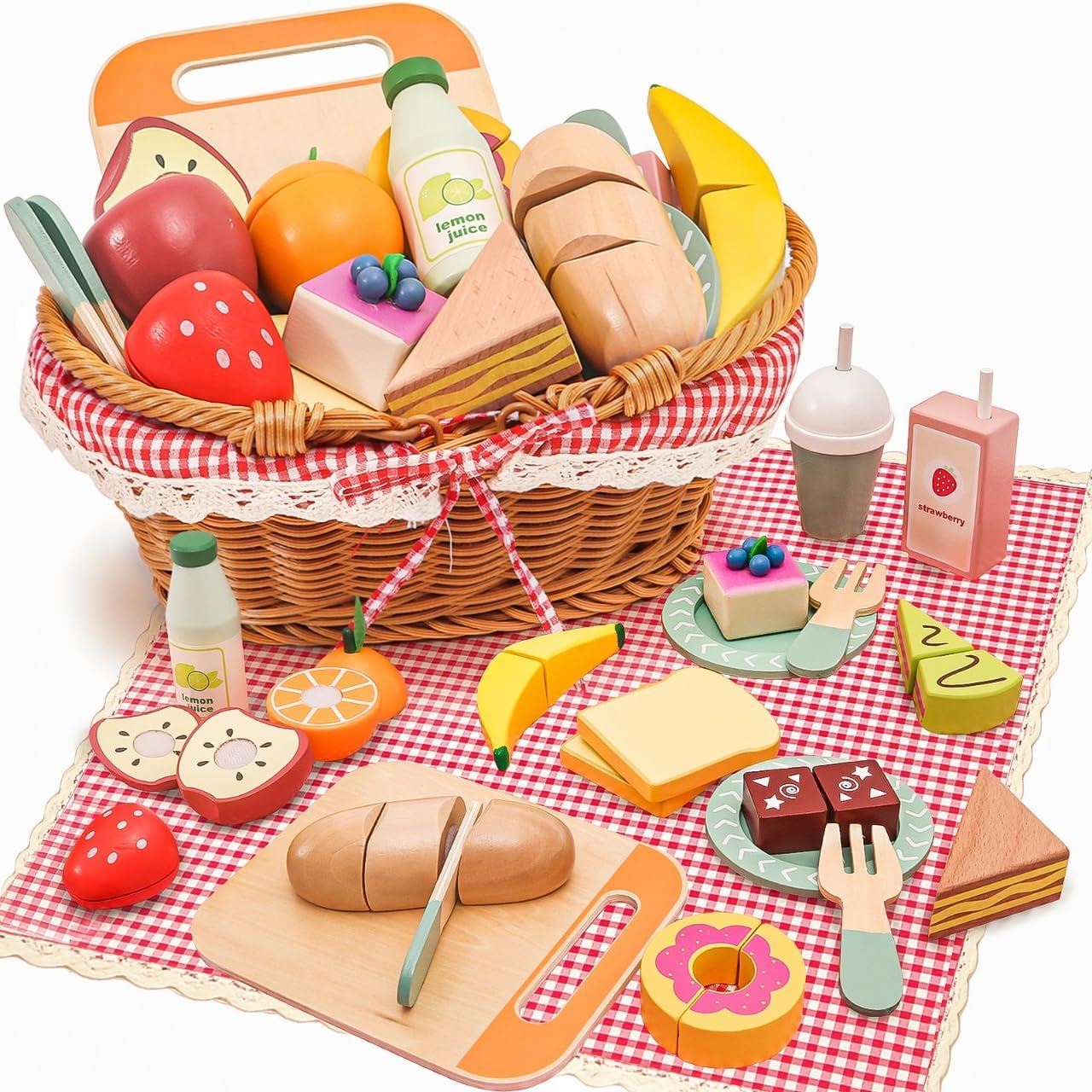 Wooden Picnic Basket Pretend Play Food Toy Set