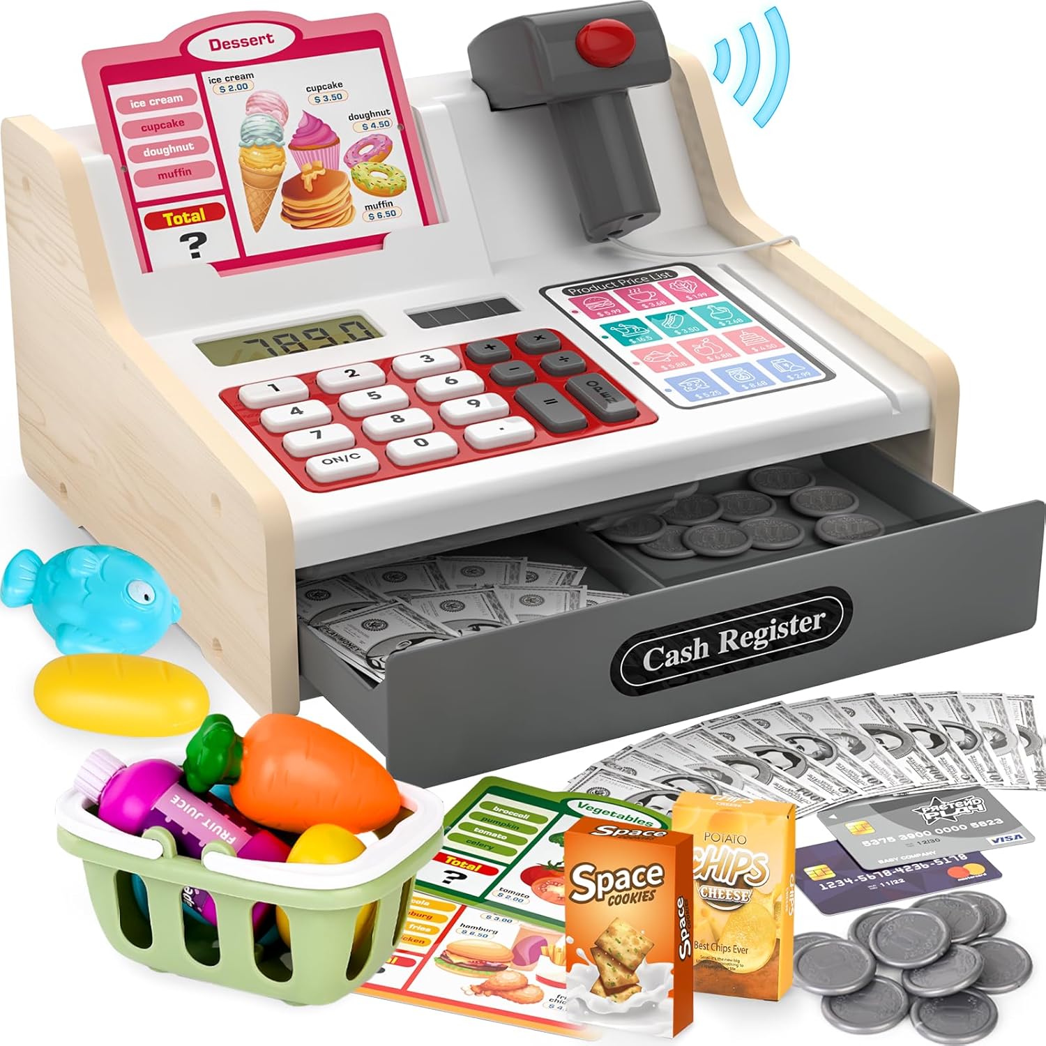 Rechargeable Wooden Pretend Cash Register Toy with Scanner