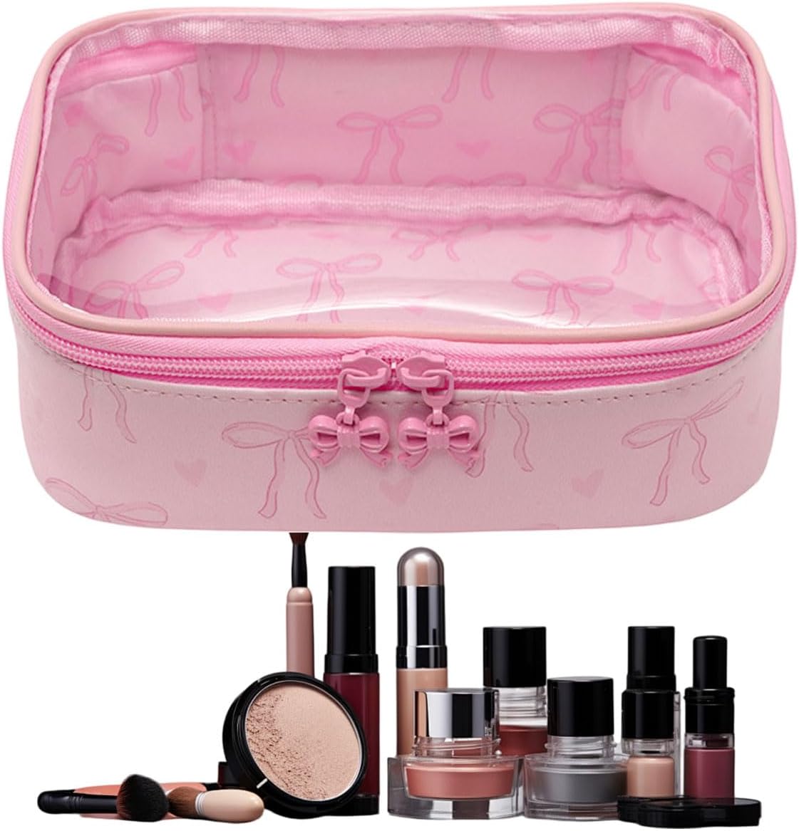 Pink Bow Clear Makeup Bag PU Leather Cosmetic Pouch