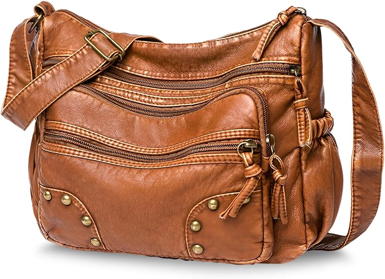 Lightweight Leather Multi-Pocket Shoulder Bag for Women
