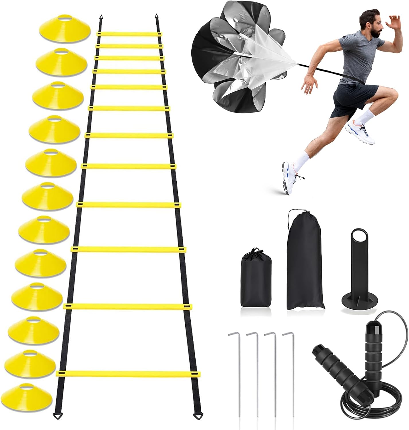 Agility Speed Training Kit with Ladder Cones Jump Rope Parachute