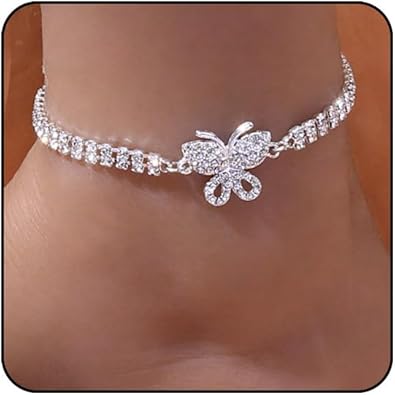 Rhinestone Adjustable Butterfly Heart Cross Anklet Bracelet Set
